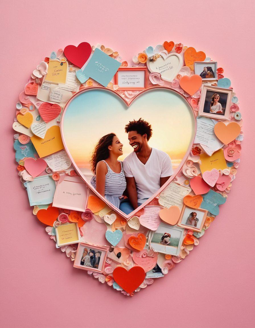 A joyful collage featuring a heart-shaped frame filled with snippets of funny and romantic moments, such as laughing couples, silly pets, and love notes. Bright, vibrant colors create a cheerful atmosphere, emphasizing the themes of joy and connection. The background is a soft pastel gradient that enhances the warmth of the collection. animated style. vibrant colors.