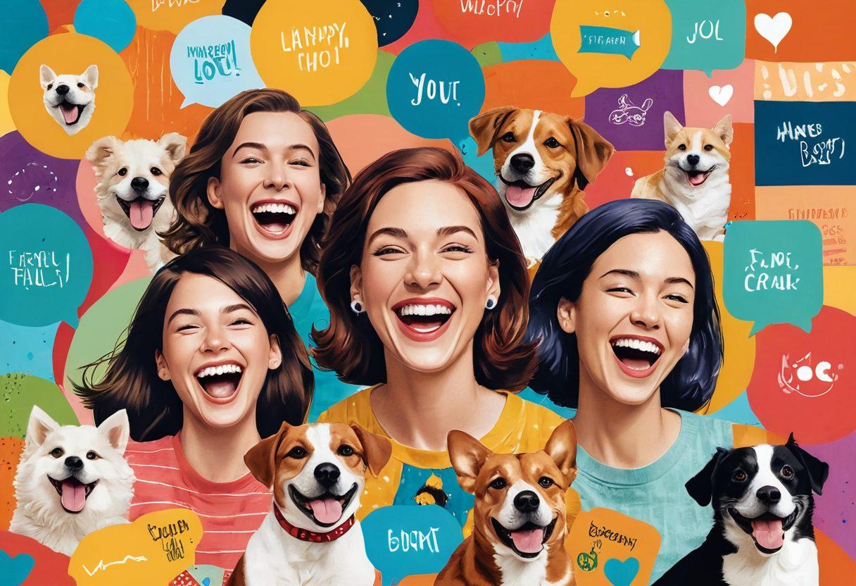 A colorful collage of joyful moments featuring people laughing, pets playing, and hilarious fails. Include a film reel design in the background with snippets of trending clips depicted as small frames. Integrate bright, cheerful colors to evoke happiness. Add whimsical elements like cartoon bubbles with laughter quotes. vibrant colors. playful illustration.
