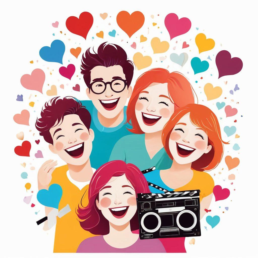 A dynamic collage showcasing moments of laughter and love, with whimsical characters sharing comedic moments, hearts floating around, and vibrant colors blending joyfully. Include film reels and a play button symbolizing videos, adding a light-hearted atmosphere. The background should be soft with pastel hues, emphasizing a warm and inviting vibe. vector art. vibrant colors. white background.